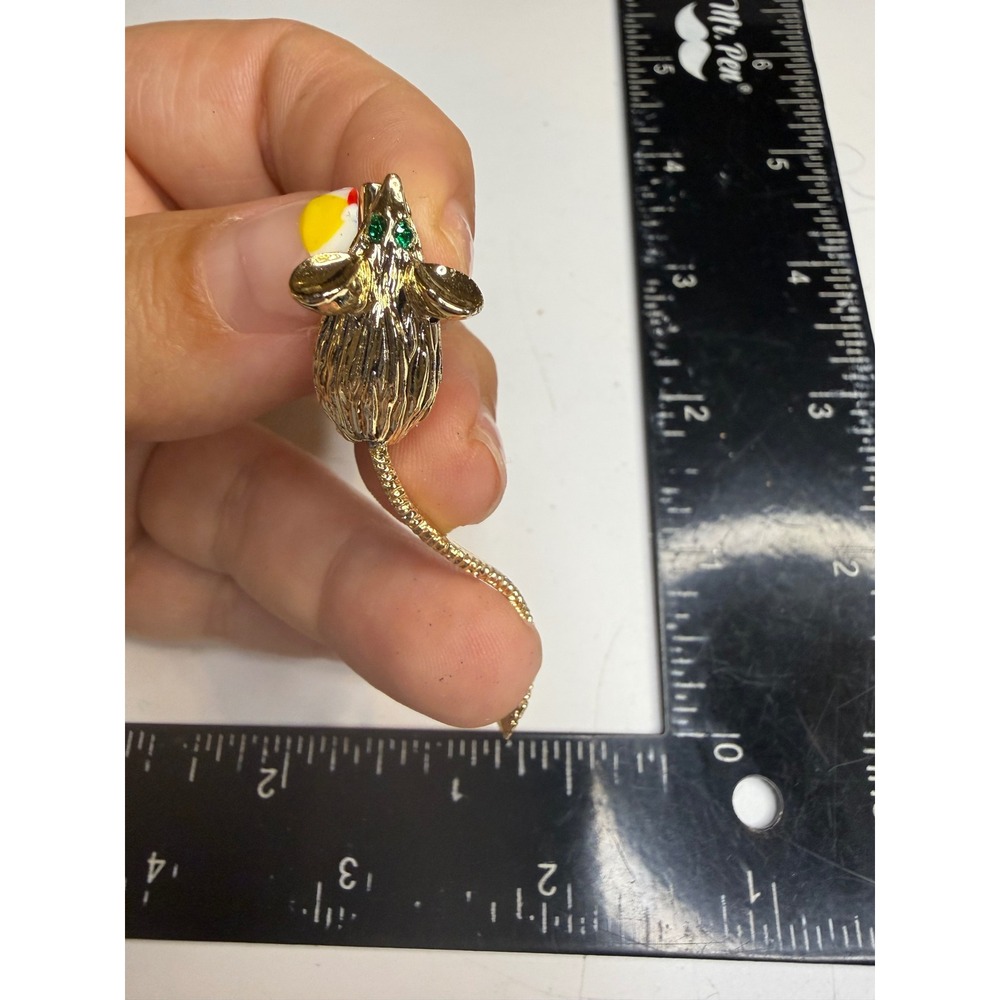 Vintage Gerrys Gold Tone Mouse Brooch Green Rhinestone Eyes Animal Pin